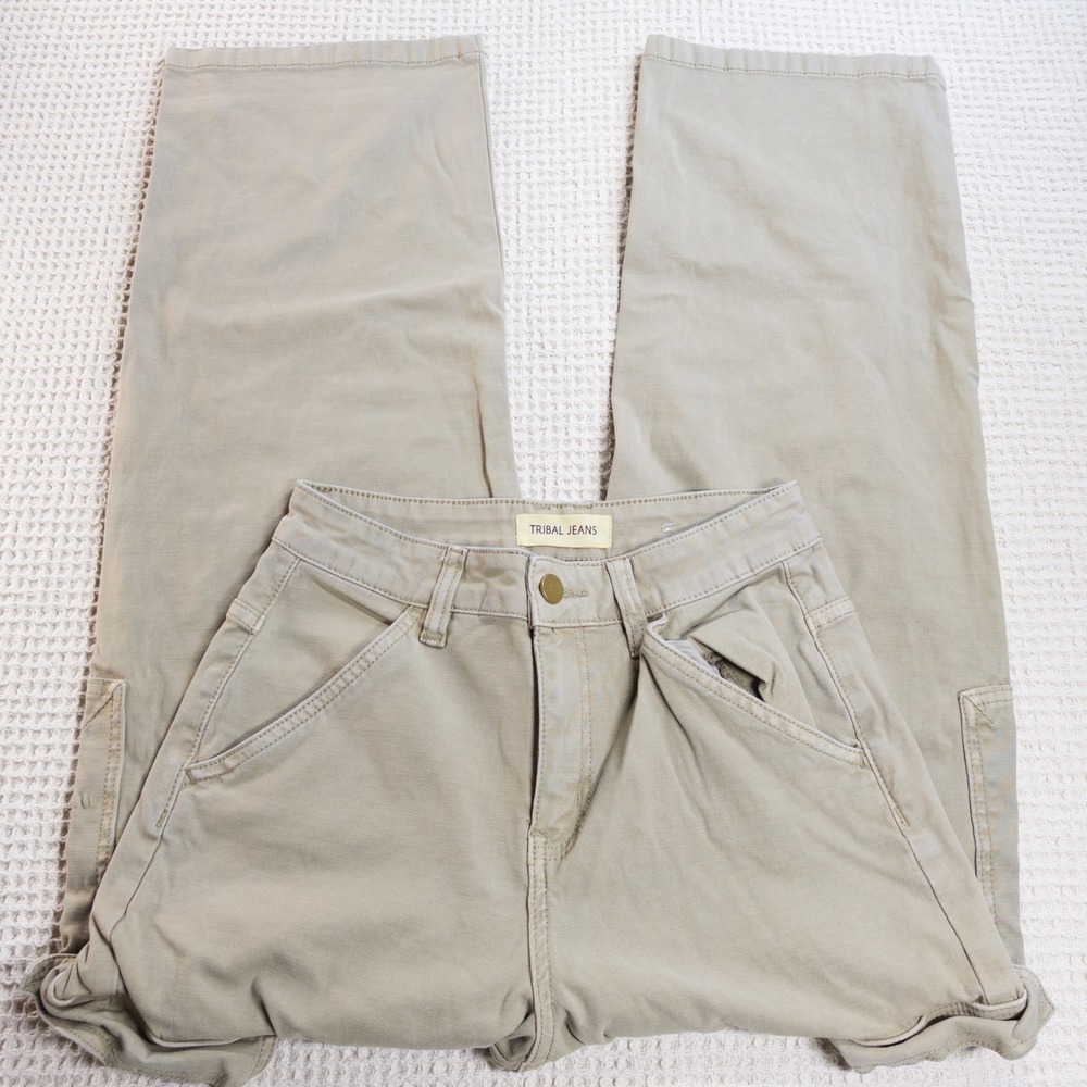 Tribal Jeans Womens Cargo Pants Tan Khaki Wide Leg High Rise Size 4 54140-4815